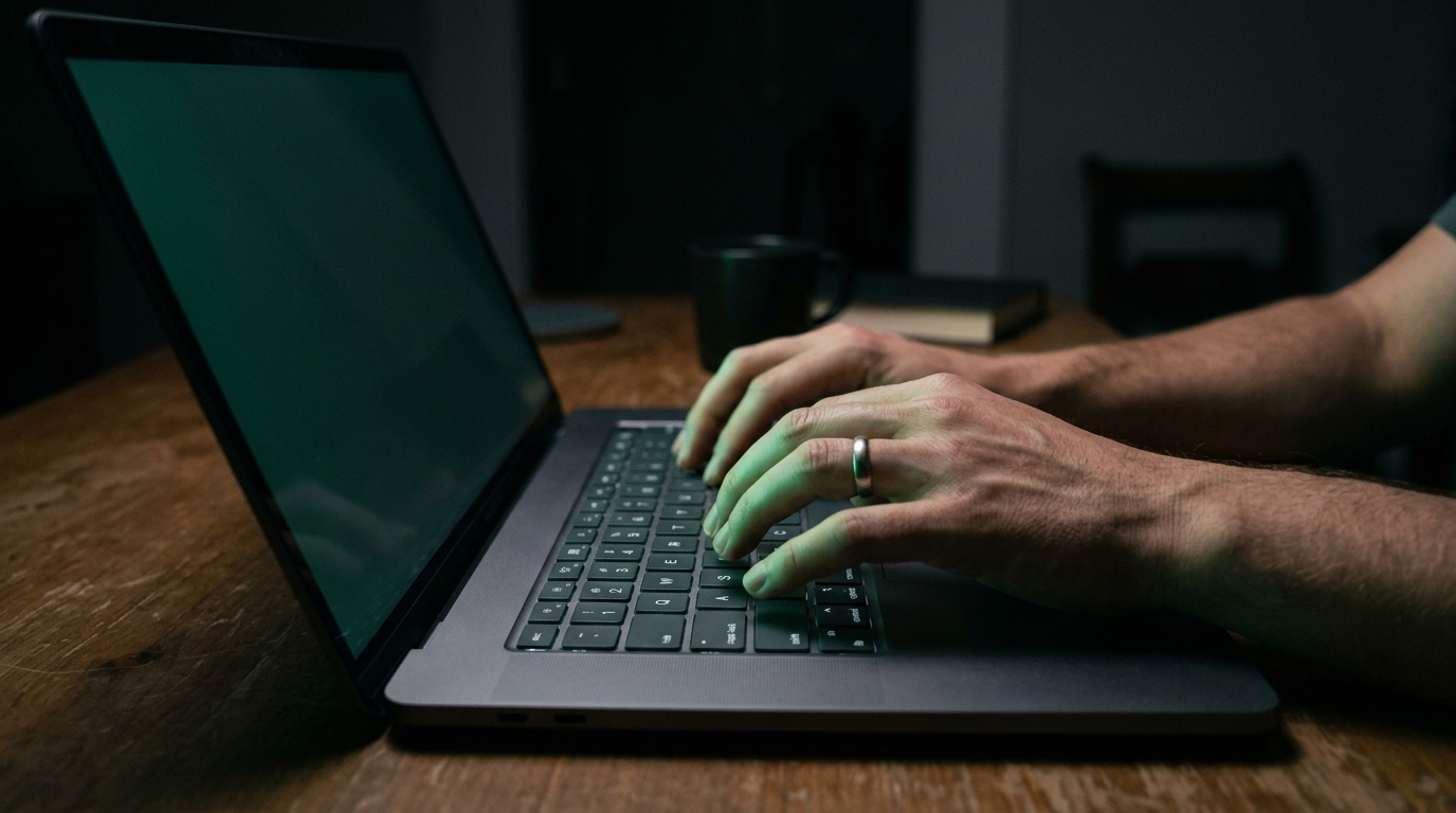 Hände tippen im Halbdunkel auf einer Laptoptastatur, der Bildschirm gibt ein kühles grünes Licht ab.